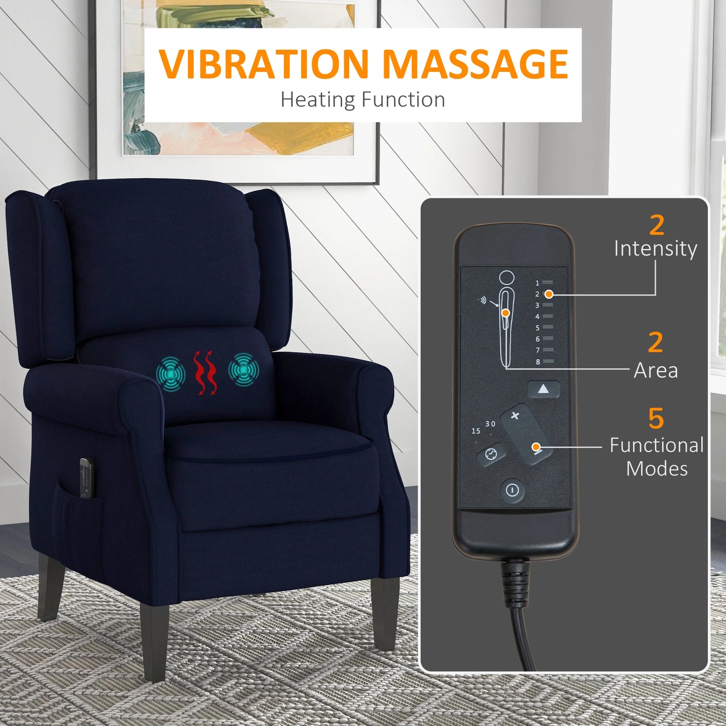 Push Back Recliner Chair, Vibration Massage, Extendable Footrest, Remote, Pocket, Blue Single Sofas at Gallery Canada