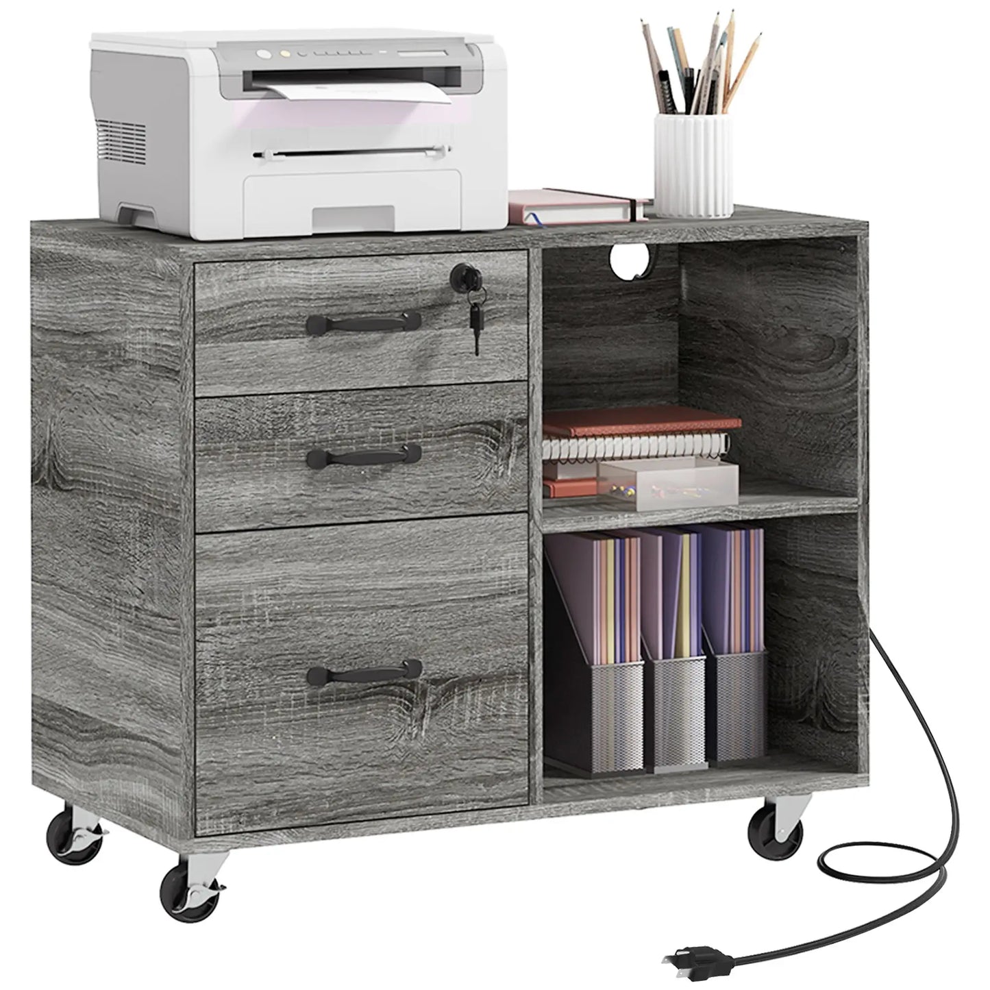 Mobile Printer Stand, Charging Station, USB Ports, Locking Cabinet, A4 Letter Size, Grey Office Cabinets & Cupboards at Gallery Canada