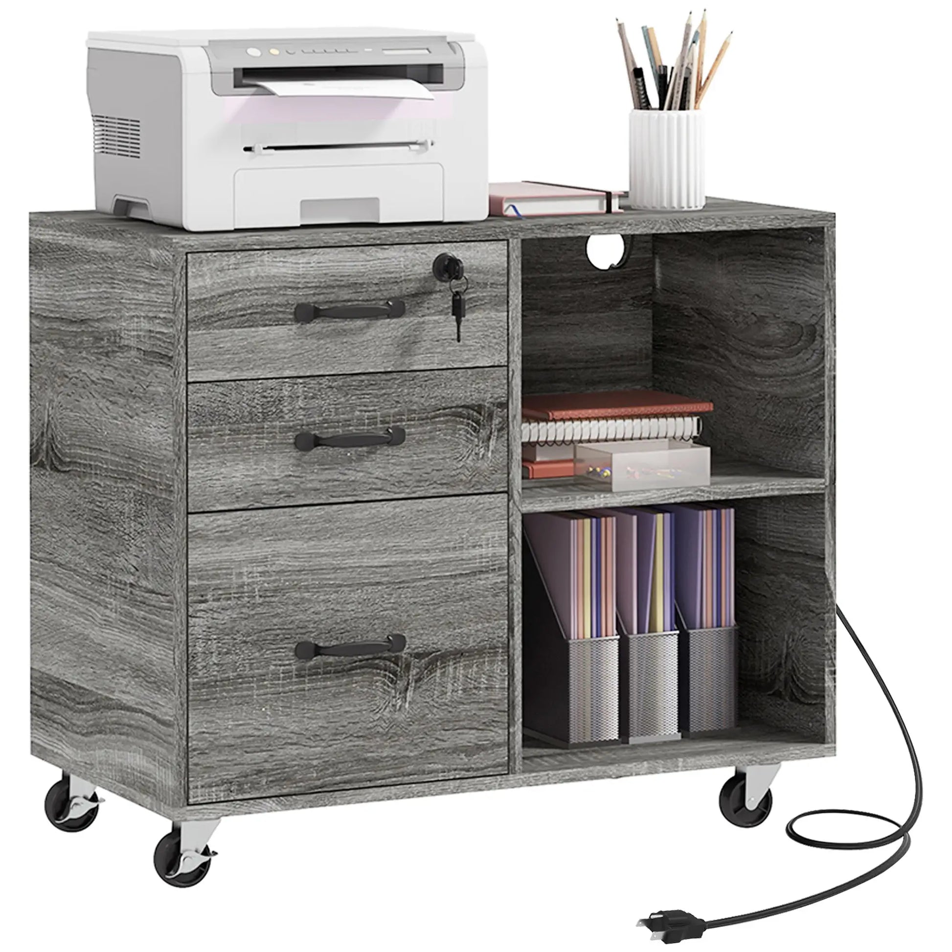 Mobile Printer Stand, Charging Station, USB Ports, Locking Cabinet, A4 Letter Size, Grey Office Cabinets & Cupboards at Gallery Canada