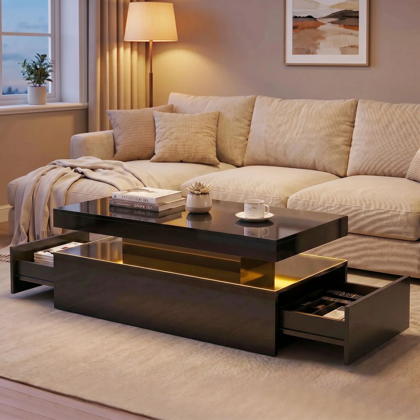 2-Tier LED Coffee Table With Storage, Black Coffee Tables at Gallery Canada