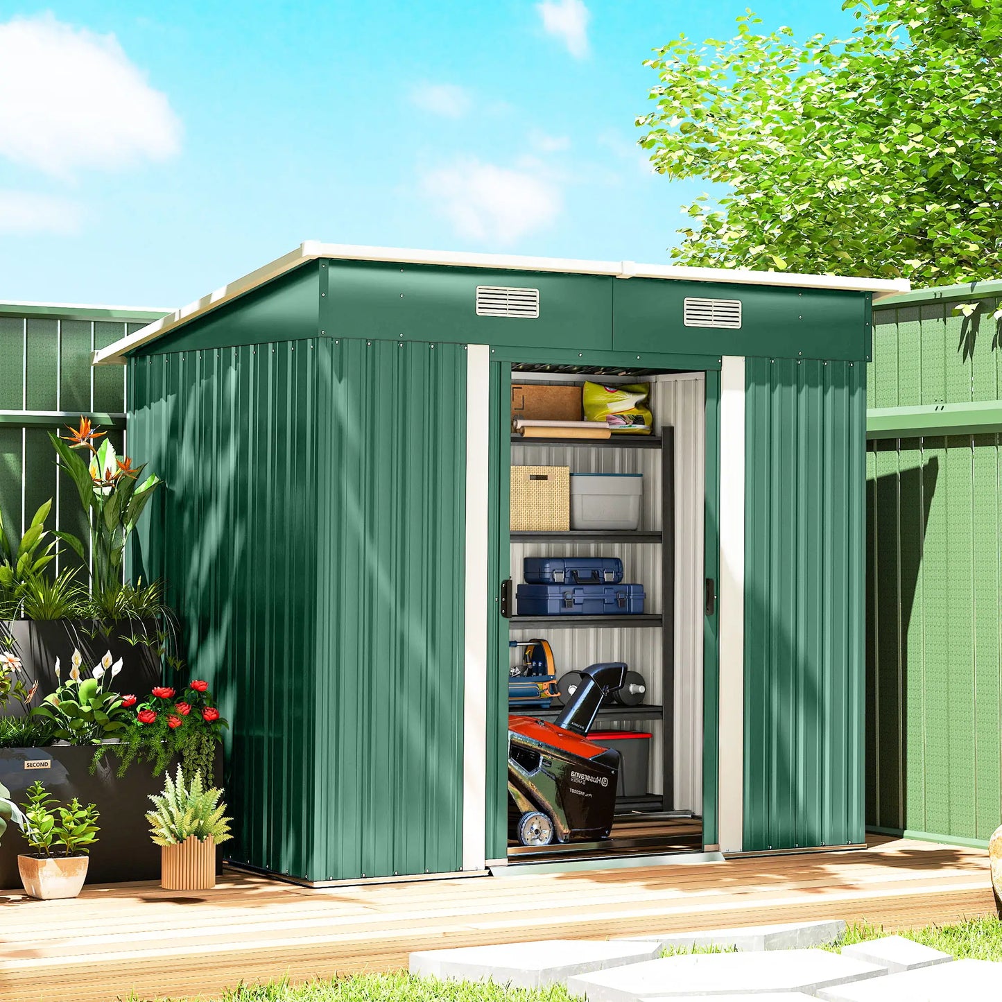 7'x 4' Metal Patio Storage Shed, Garden Tool Utility Unit, Green Sheds at Gallery Canada