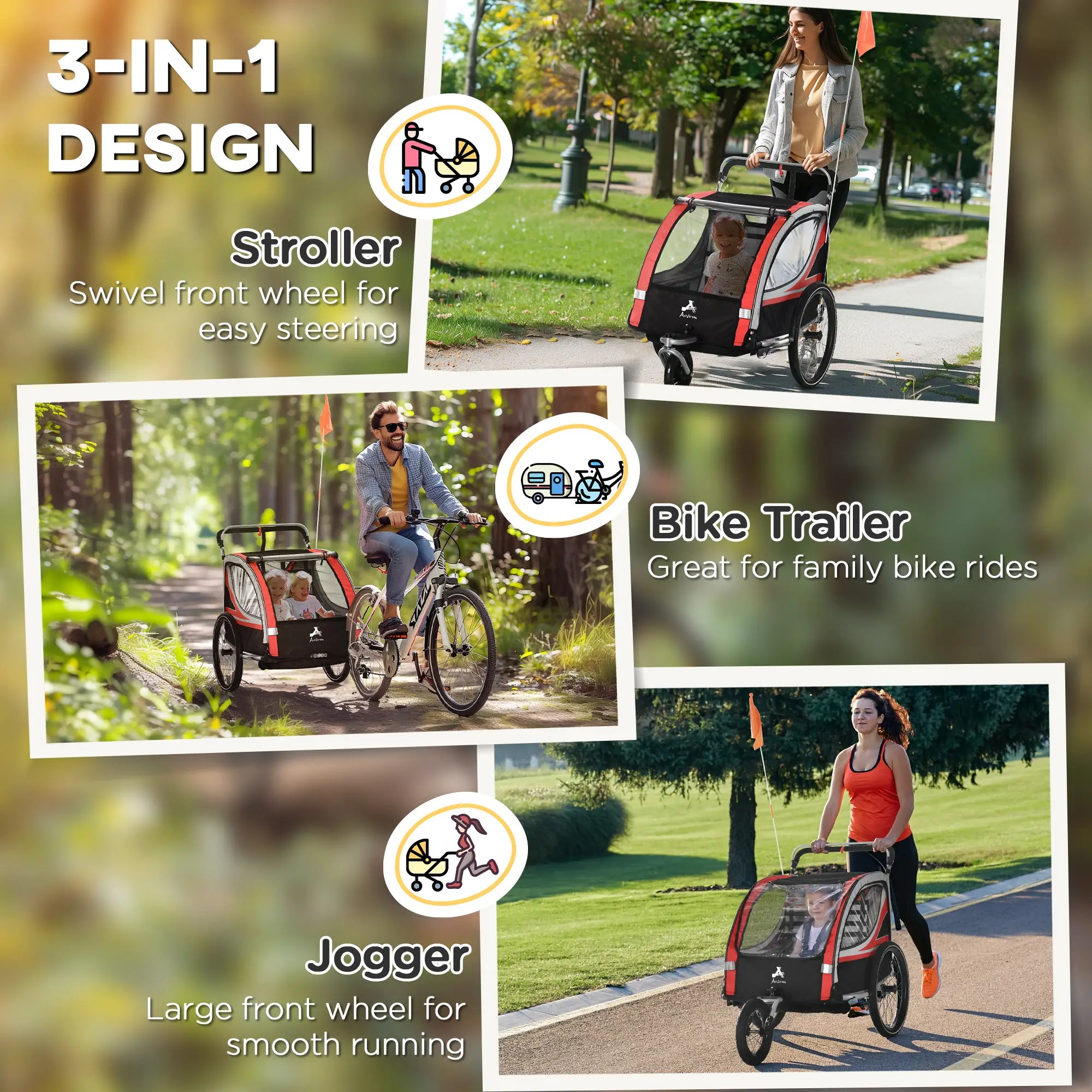 3-In-1 Bike Trailer, Running Stroller, 2 Seats, 5-Point Harness, Storage, Red Kids Bike Trailers at Gallery Canada