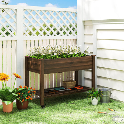Mobile Raised Garden Bed, Elevated Wood Planter Box, Lockable Wheels, Storage Shelf, Carbonized