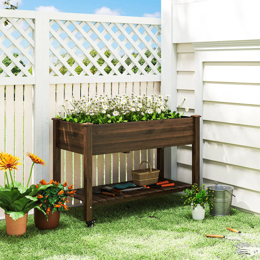 Mobile Raised Garden Bed, Elevated Wood Planter Box, Lockable Wheels, Storage Shelf, Carbonized