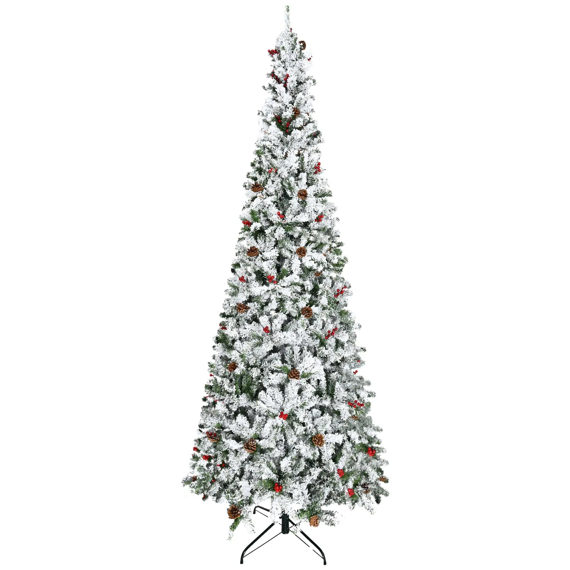 9-Foot Pencil Snow Flocked Artificial Christmas Tree, 1350 Pine Branches, Pine Cones, Red Berries, Auto Open, Green Pencil Christmas Trees at Gallery Canada