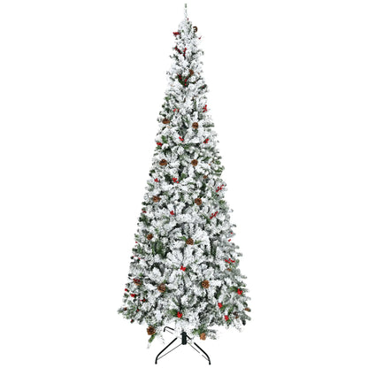 9-Foot Pencil Snow Flocked Artificial Christmas Tree, 1350 Pine Branches, Pine Cones, Red Berries, Auto Open, Green Pencil Christmas Trees at Gallery Canada
