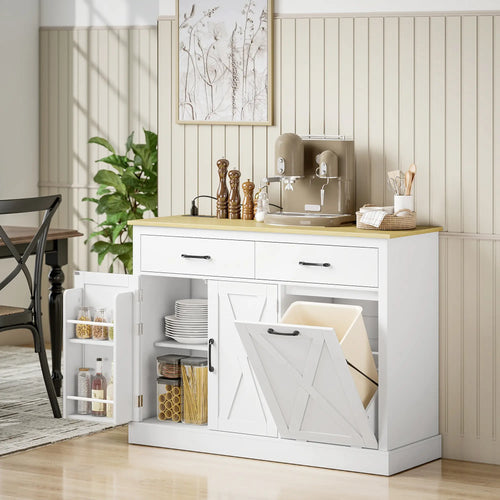 7 Gallon Tilt Out Garbage Cabinet, Kitchen Island With Charging Station, White