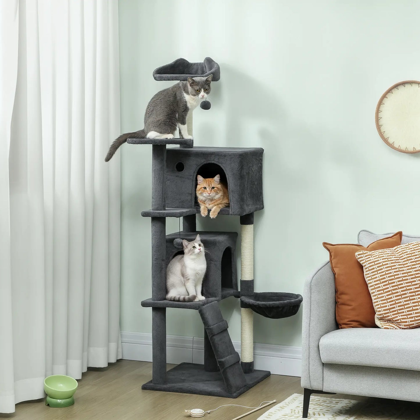63 Inch Cat Tree, Sisal Scratching Posts, Condos, Plush Perches, Hammock, Ladder, Dangling Balls, Dark Grey Cat Towers at Gallery Canada