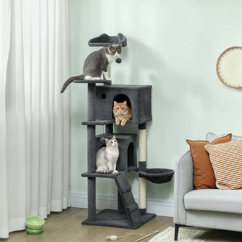 63 Inch Cat Tree, Sisal Scratching Posts, Condos, Plush Perches, Hammock, Ladder, Dangling Balls, Dark Grey