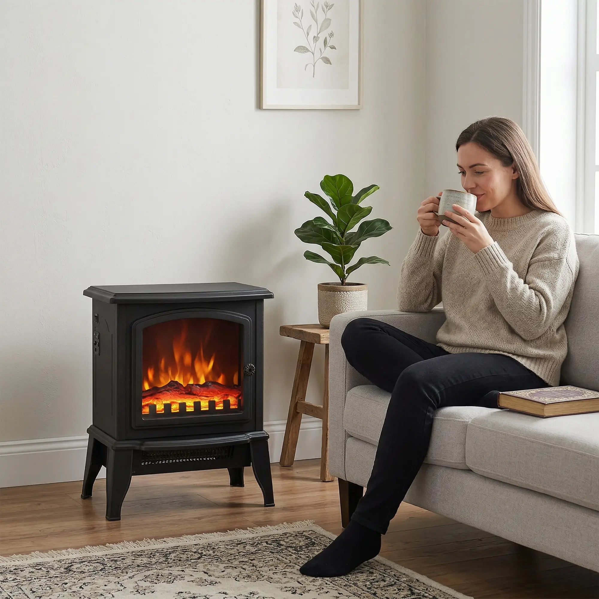Electric Fireplace Heater, Freestanding, Realistic Flame, Overheat Protection, 750W/1500W, Black Electric Fireplaces at Gallery Canada