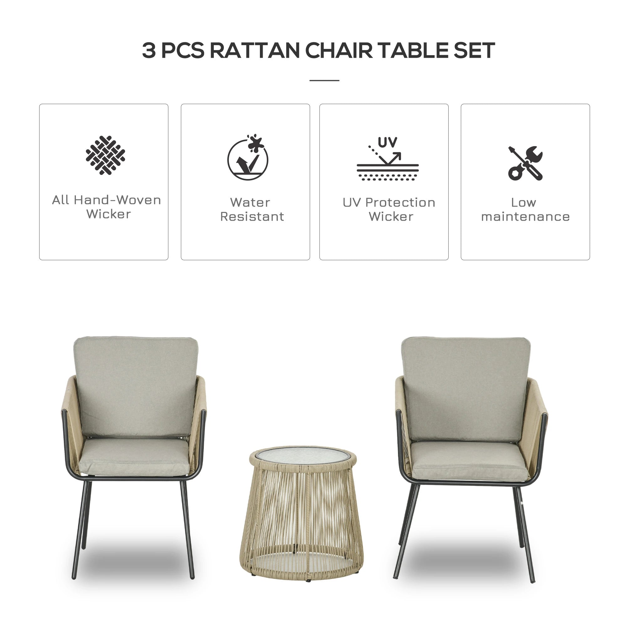 3 Piece Outdoor Patio Bistro Set, Wicker Rattan Furniture with Metal Legs for Garden, Backyard, Coffee and Light Grey Bistro Sets at Gallery Canada