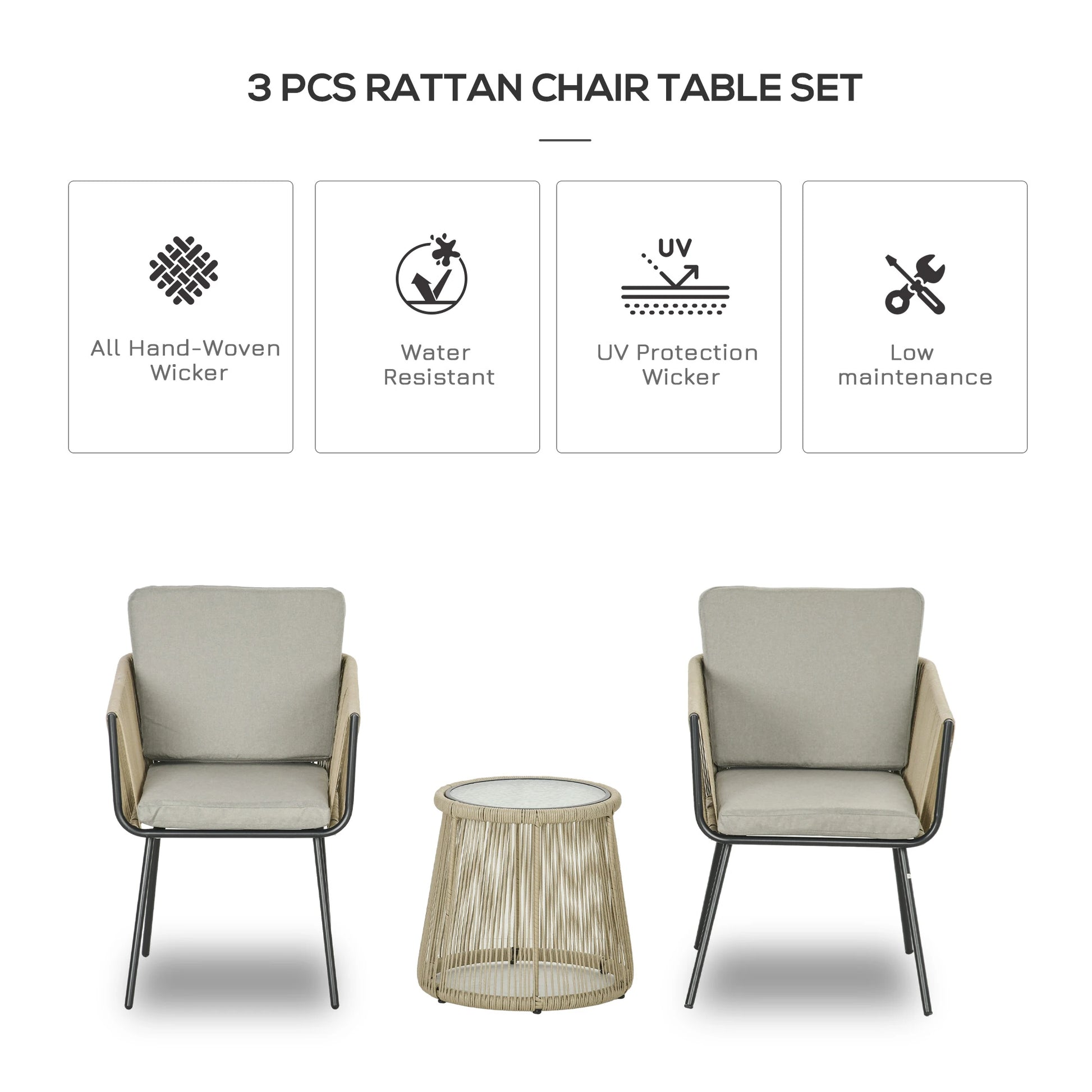 3 Piece Outdoor Patio Bistro Set, Wicker Rattan Furniture with Metal Legs for Garden, Backyard, Coffee and Light Grey Bistro Sets at Gallery Canada