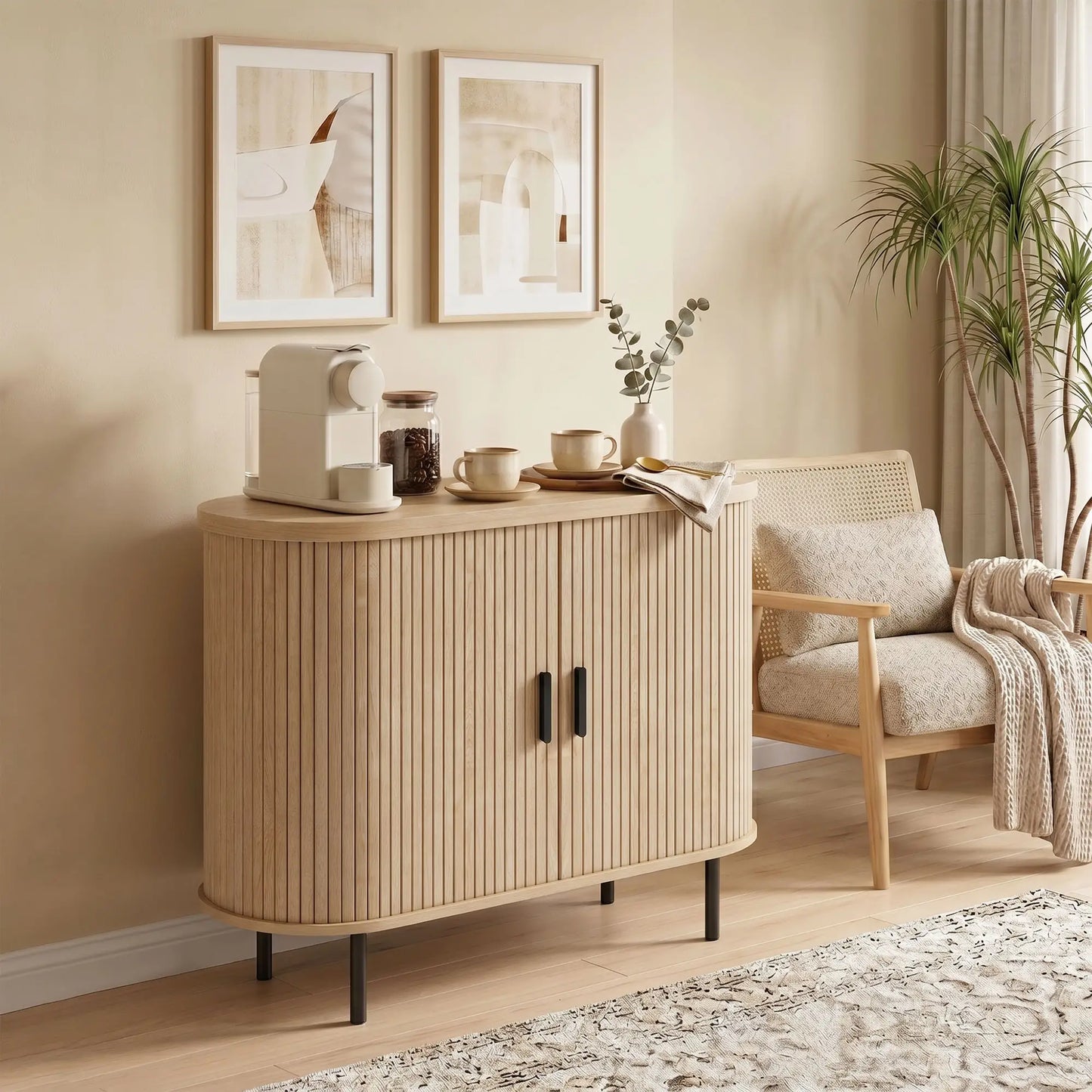 Sideboard Buffet Cabinet with Curved Tambour Doors, Natural Wood, Natural Wood