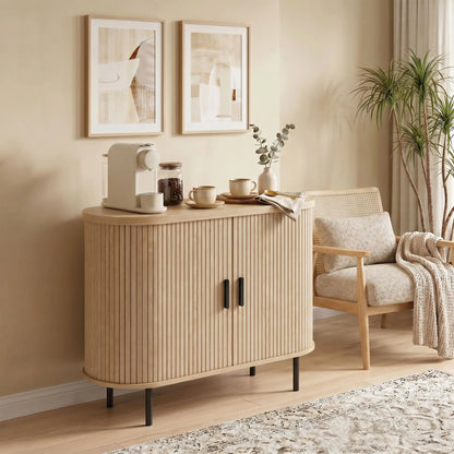 Sideboard Buffet Cabinet with Curved Tambour Doors, Natural Wood, Natural Wood
