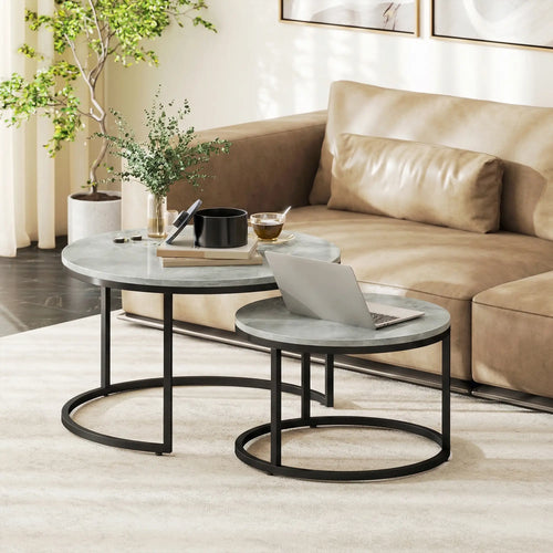 Coffee Table Set Of 2, Nesting Side Tables, Metal Base, Marble Grey, Grey
