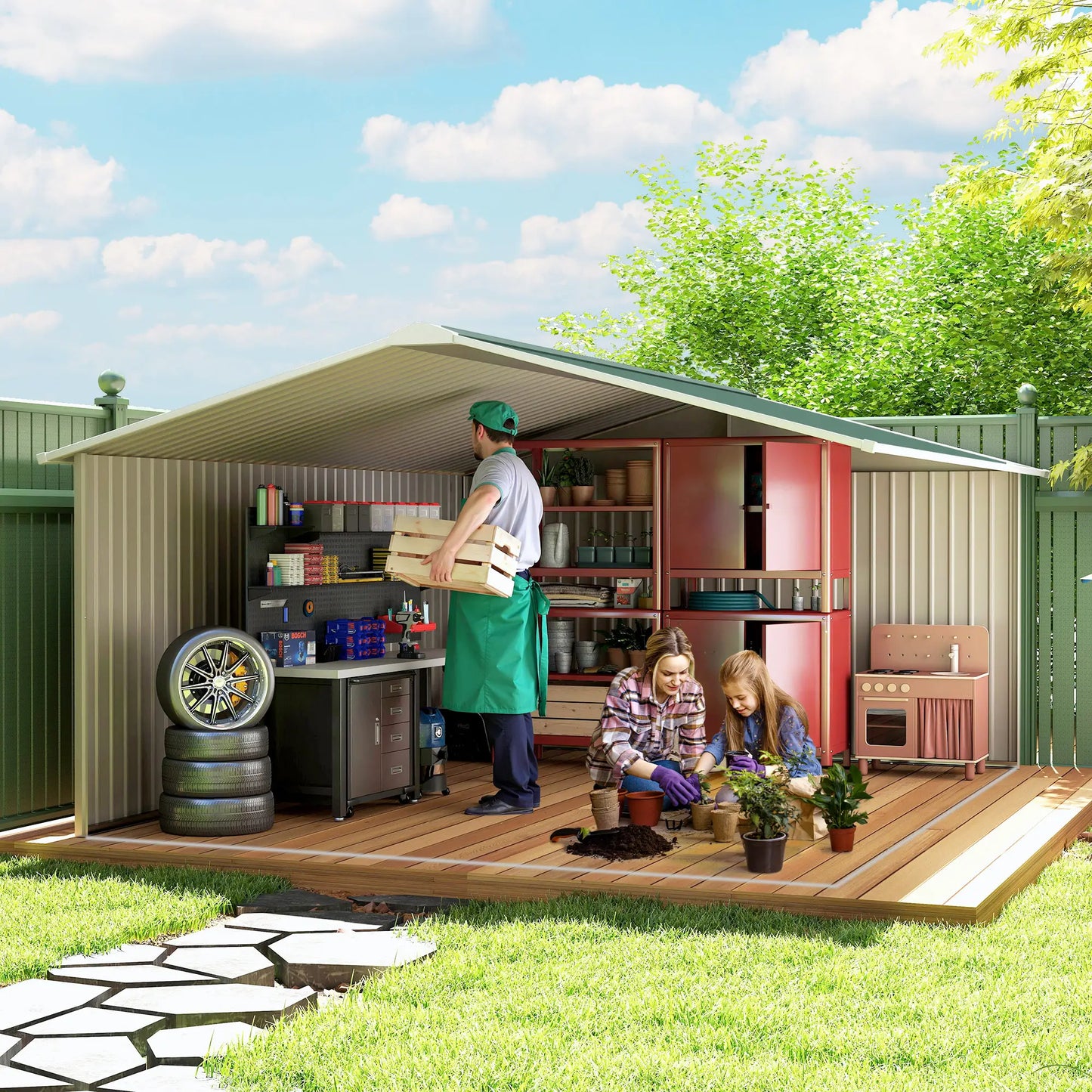 11' x 13' Garden Storage Shed, Double Sliding Door, 4 Ventilation Slots, Green Sheds at Gallery Canada