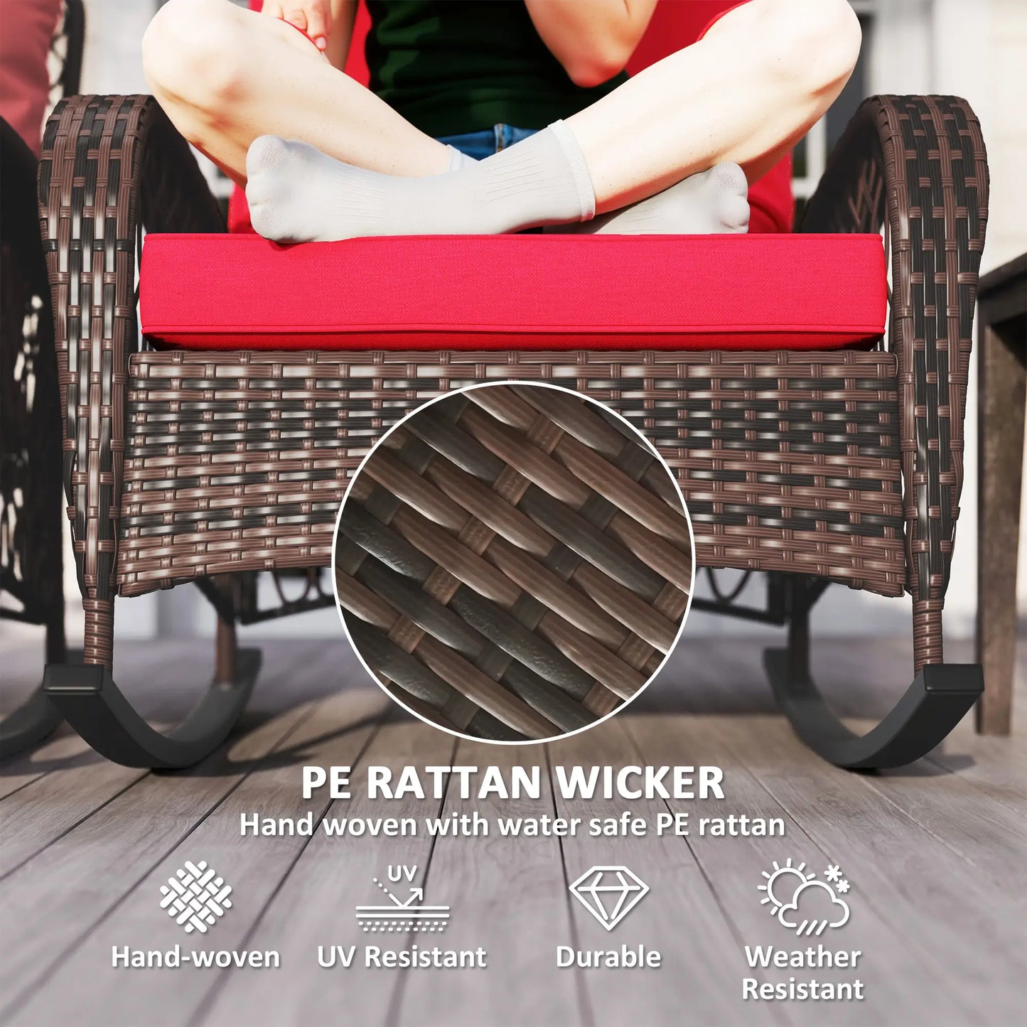 Outdoor Wicker Rattan Rocking Chair Set, Patio Rocker with Cushions, Red Outdoor Rocking Chairs at Gallery Canada