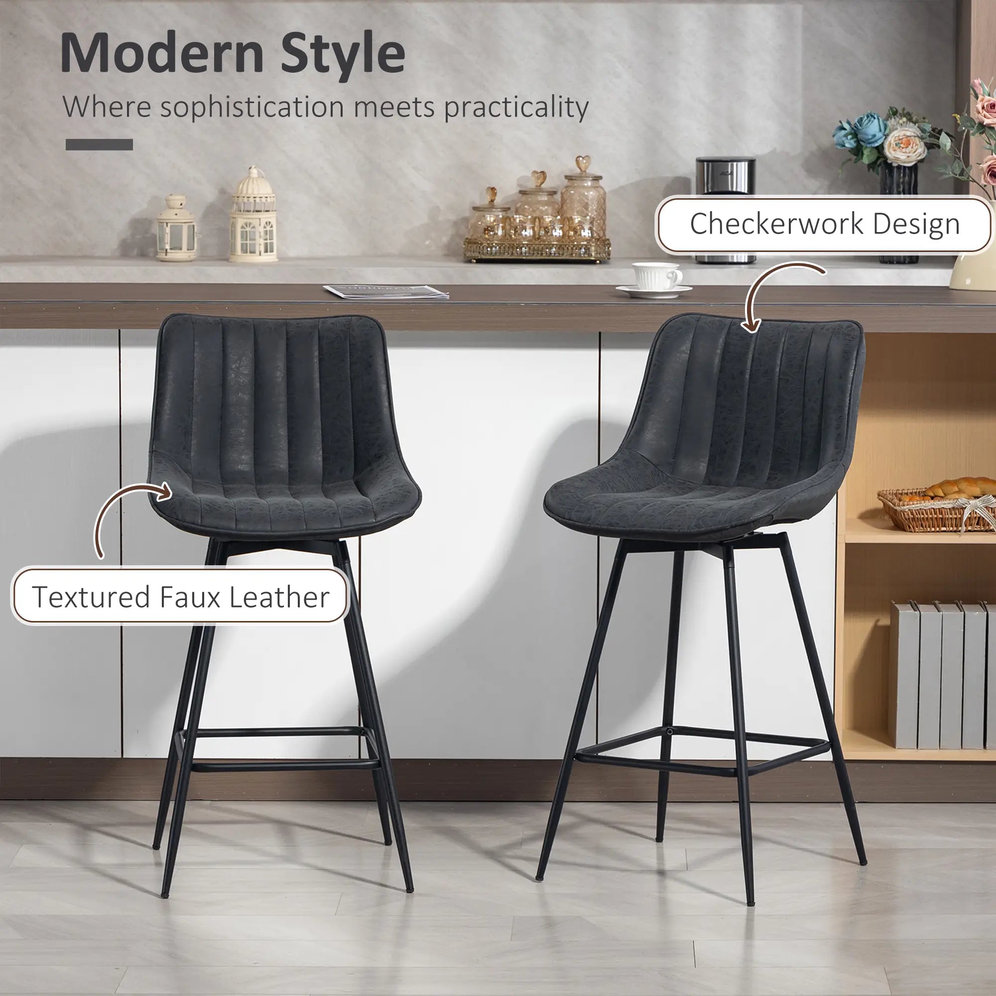 Set of 2 Counter Height Barstools, PU Leather, Black Bar Stools at Gallery Canada
