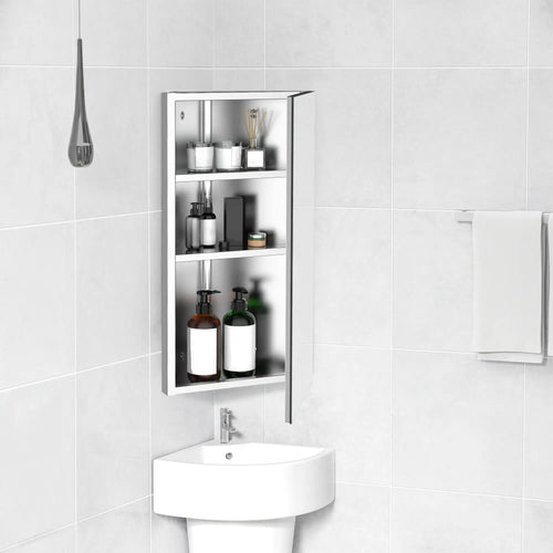 Wall Mounted Bathroom Corner Mirror Cabinet, Single Door, Stainless Steel