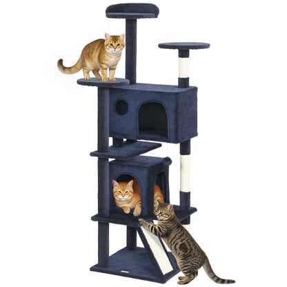 63" Cat Tree, Multi-Level Tower, Scratching Posts, Condos, Bed, Dark Blue