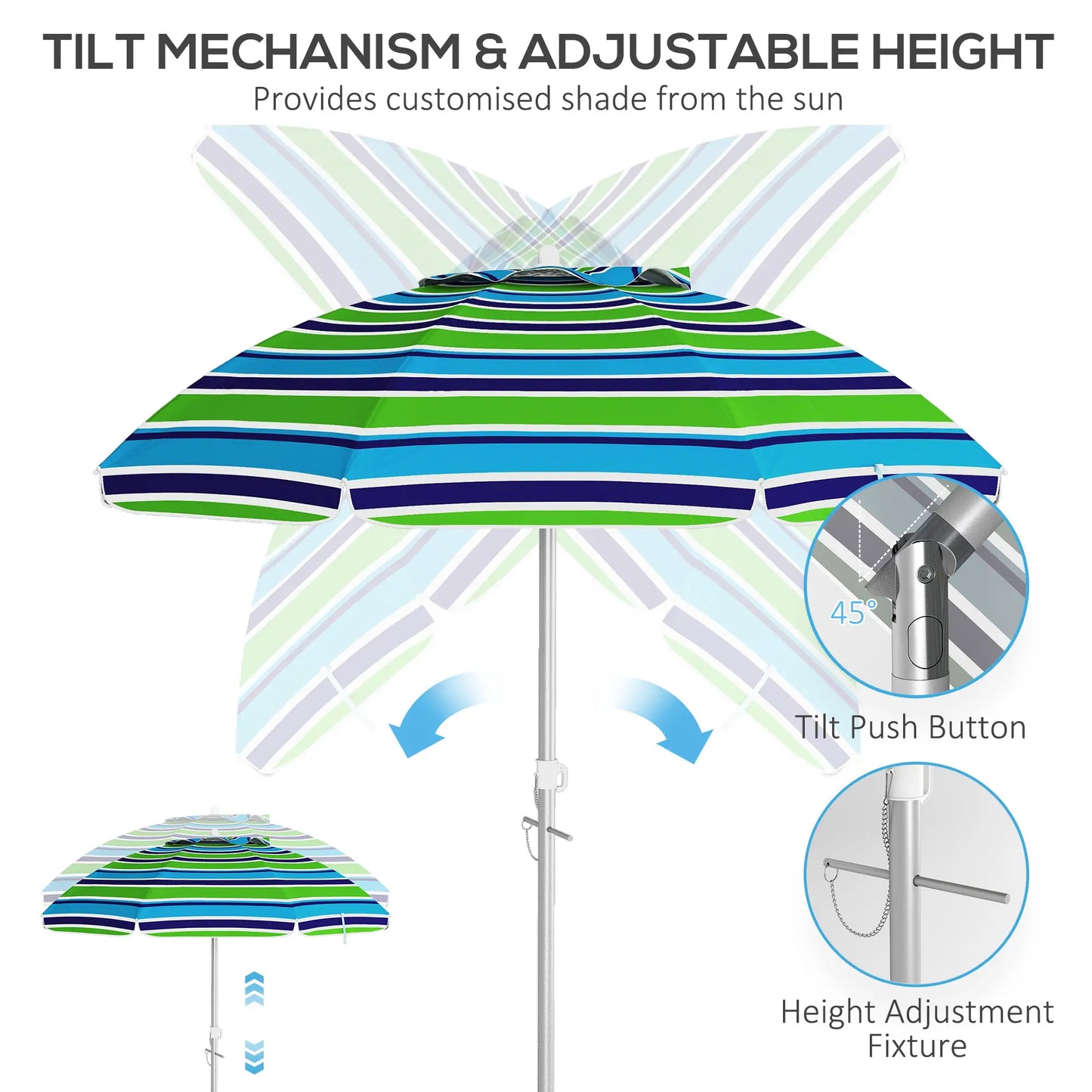 6ft Adjustable Beach Umbrella, Sand Anchor, Tilt Bag, 40+ UV, Multicolour Beach Umbrellas at Gallery Canada