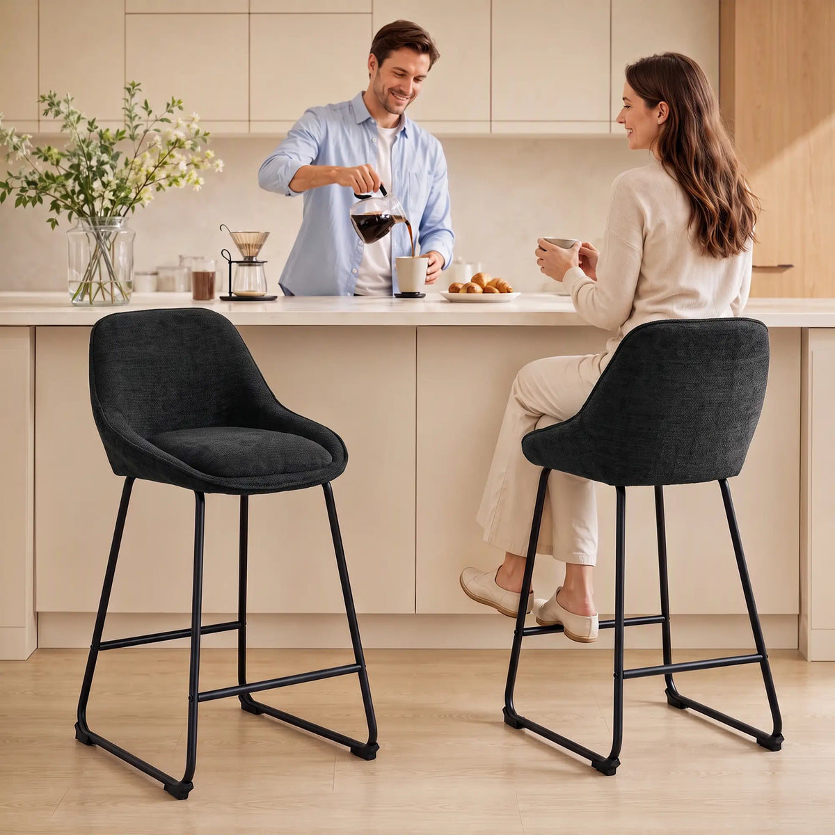 Chenille Bar Stools Set of 2 Counter Height Chairs, Black