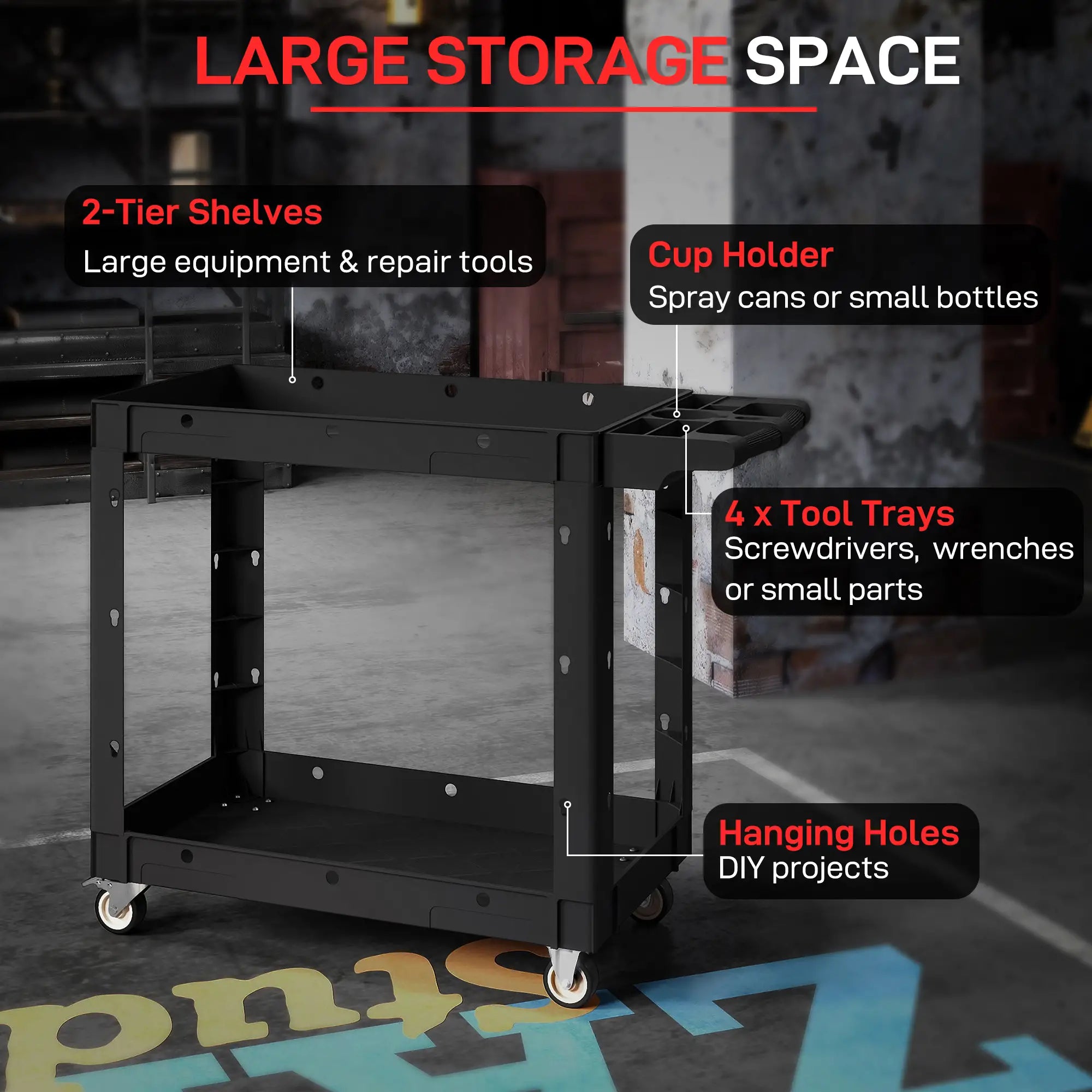 2-Tier Rolling Tool Cart, 500 LBS Capacity, Black Tool Organizers at Gallery Canada