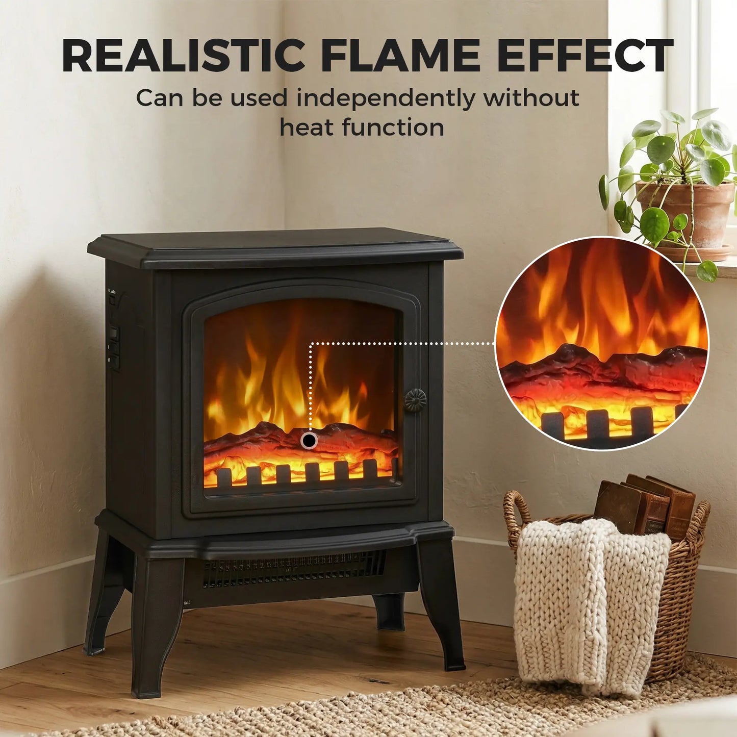 Electric Fireplace Heater, Freestanding, Realistic Flame, Overheat Protection, 750W/1500W, Black Electric Fireplaces at Gallery Canada