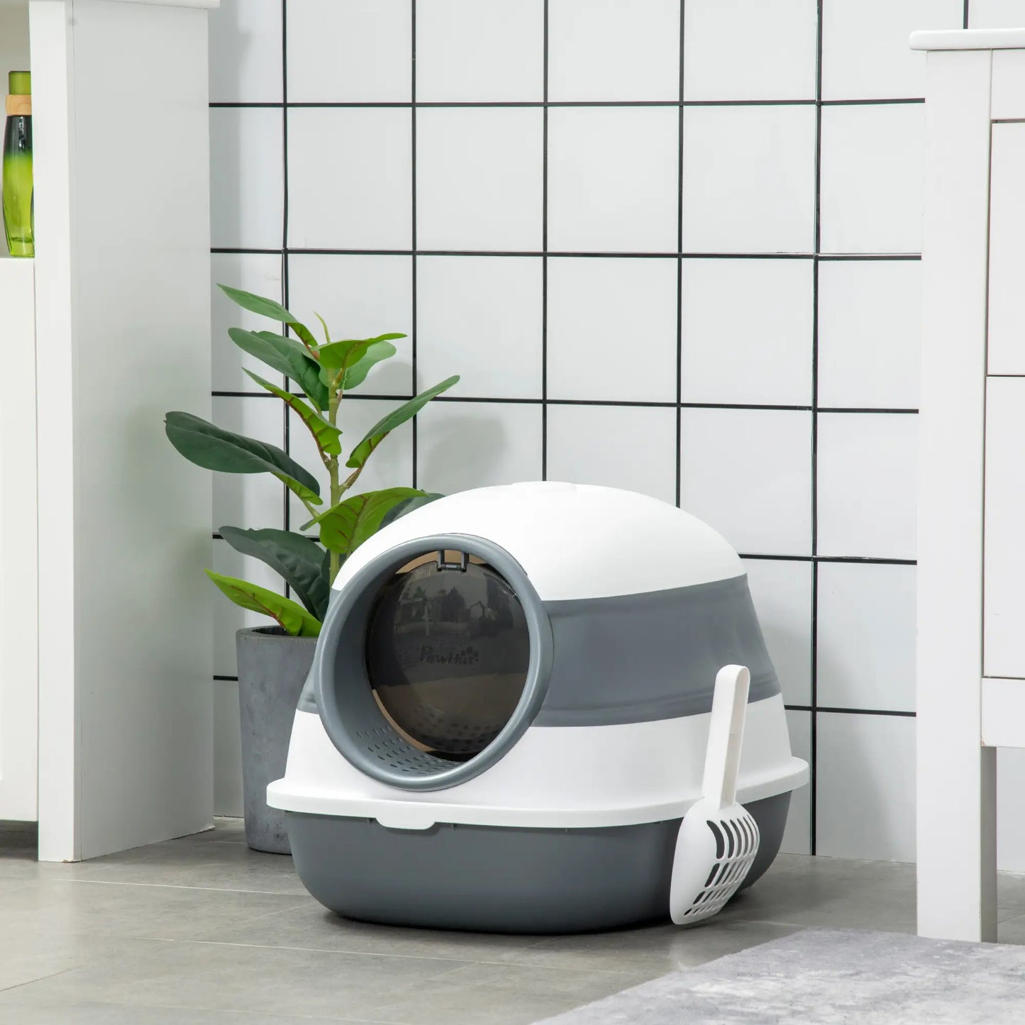 Foldable Cat Litter Box with Lid, Covered, White and Grey Cat Litter Box Enclosures at Gallery Canada