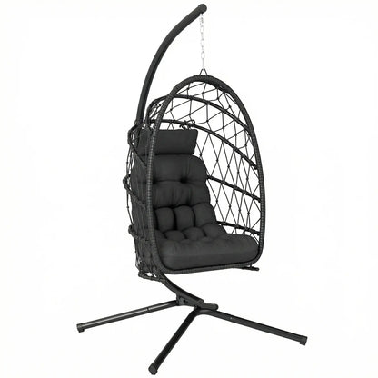 Hanging Egg Chair With Stand, Foldable Wicker Rattan Swing, Thick Cushion, Black Patio Swings with Stand at Gallery Canada