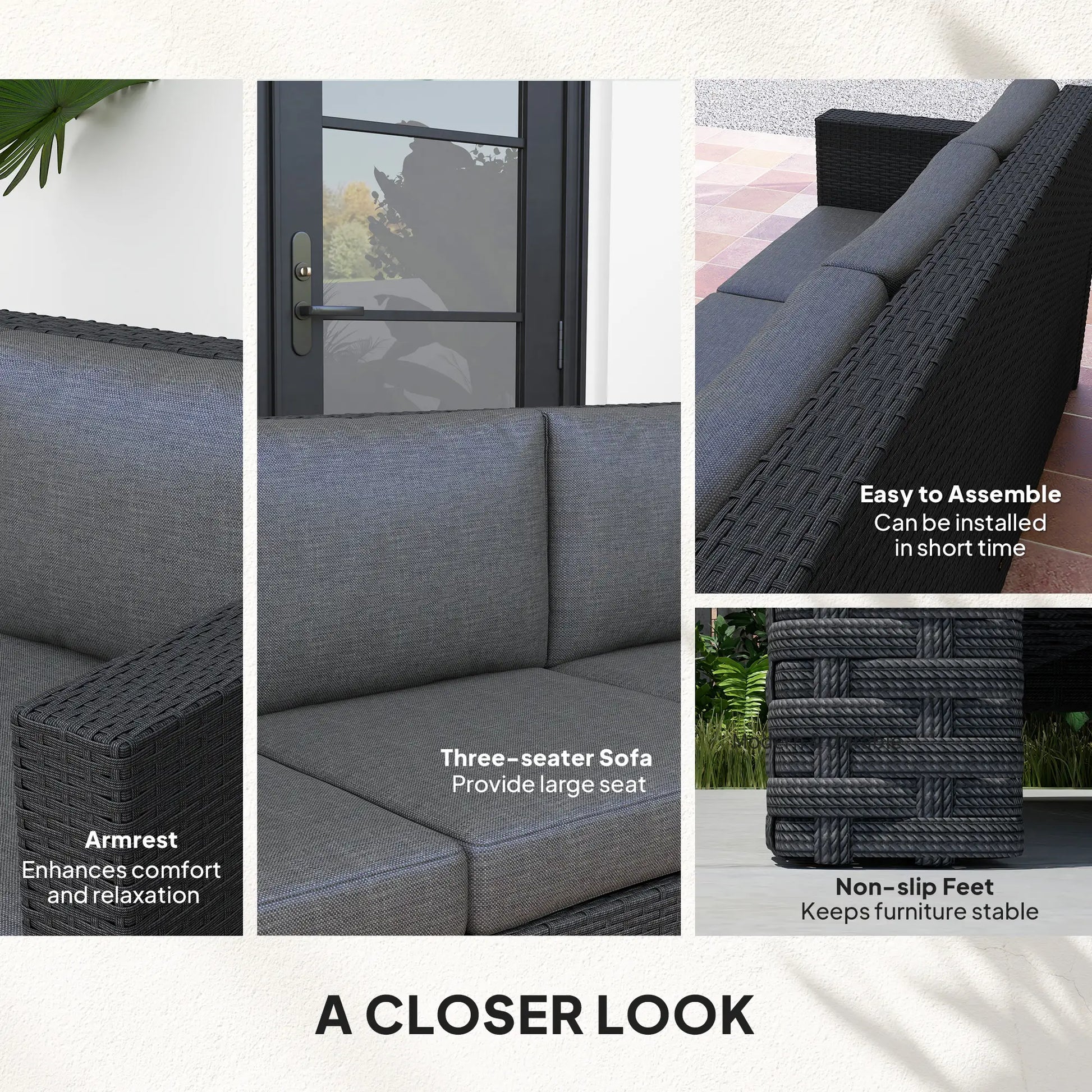 3 Seat Rattan Wicker Sofa, Outdoor Patio Furniture with Cushion, Grey Patio Furniture Sets at Gallery Canada