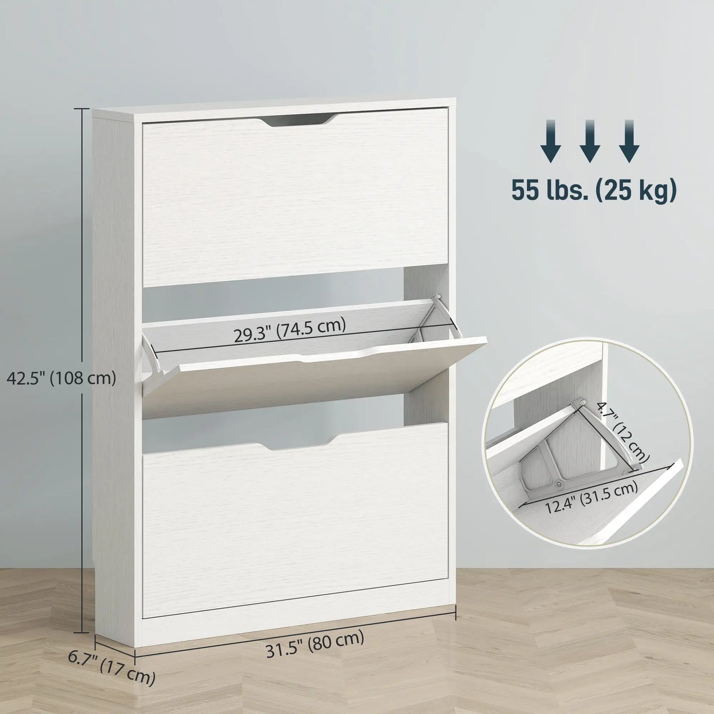 Narrow Shoe Cabinet 3 Flip Drawers, 31.5"W x 6.7"D x 42.5"H, White Shoe Storage Cabinets & Racks at Gallery Canada
