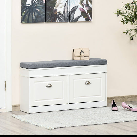Shoe Bench, Shoe Storage Bench for Entryway, Entrance Bench with Cushion, 2 Flip Drawers and Adjustable Shelf for Hallway, Holds 8 Pairs, White - Gallery Canada