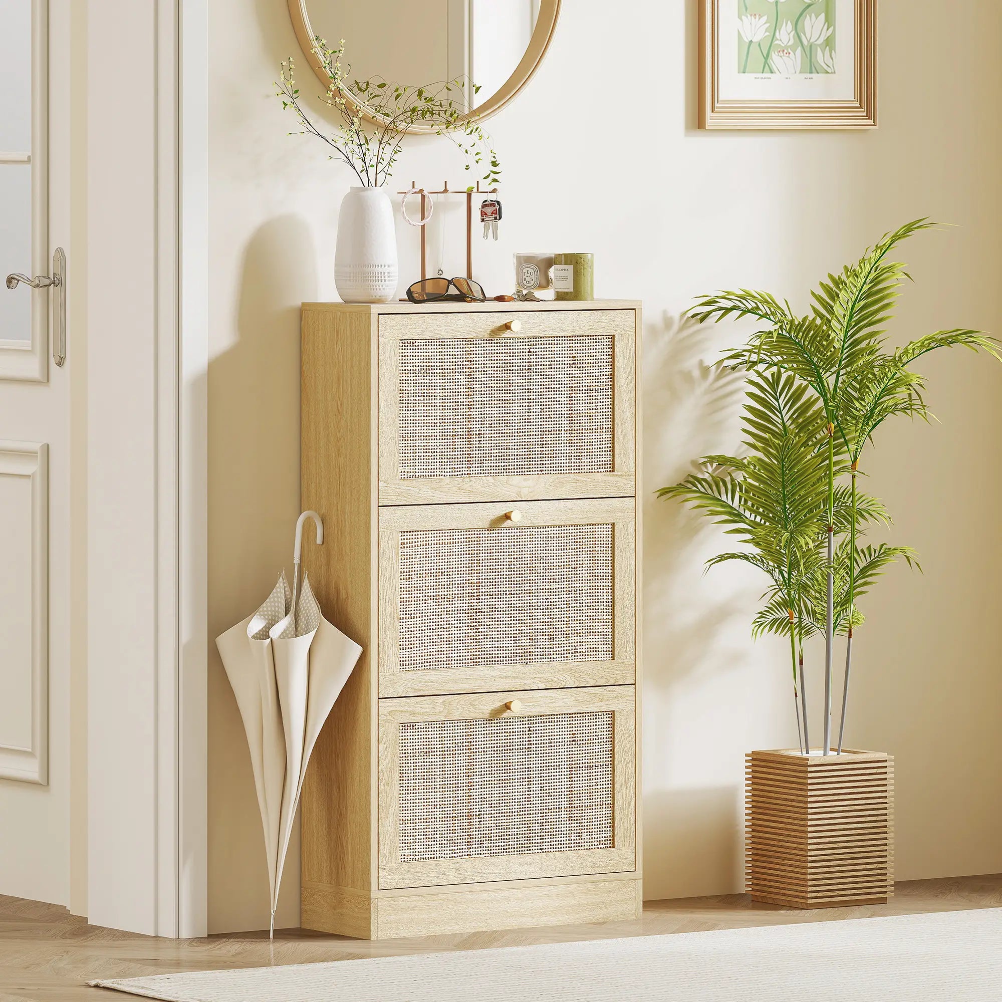 Rattan Shoe Cabinet, 3 Flip Drawers, Adjustable Shelves, 18 Pairs, Oak Shoe Storage Cabinets & Racks at Gallery Canada