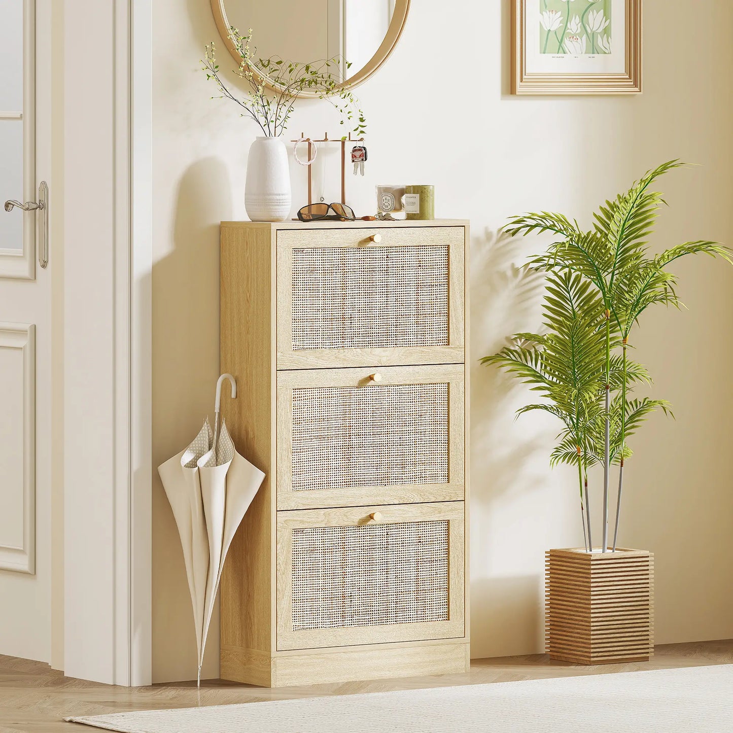 Rattan Shoe Cabinet, 3 Flip Drawers, Adjustable Shelves, 18 Pairs, Oak Shoe Storage Cabinets & Racks at Gallery Canada