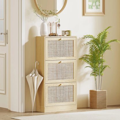 Rattan Shoe Cabinet, 3 Flip Drawers, Adjustable Shelves, 18 Pairs, Oak Shoe Storage Cabinets & Racks at Gallery Canada