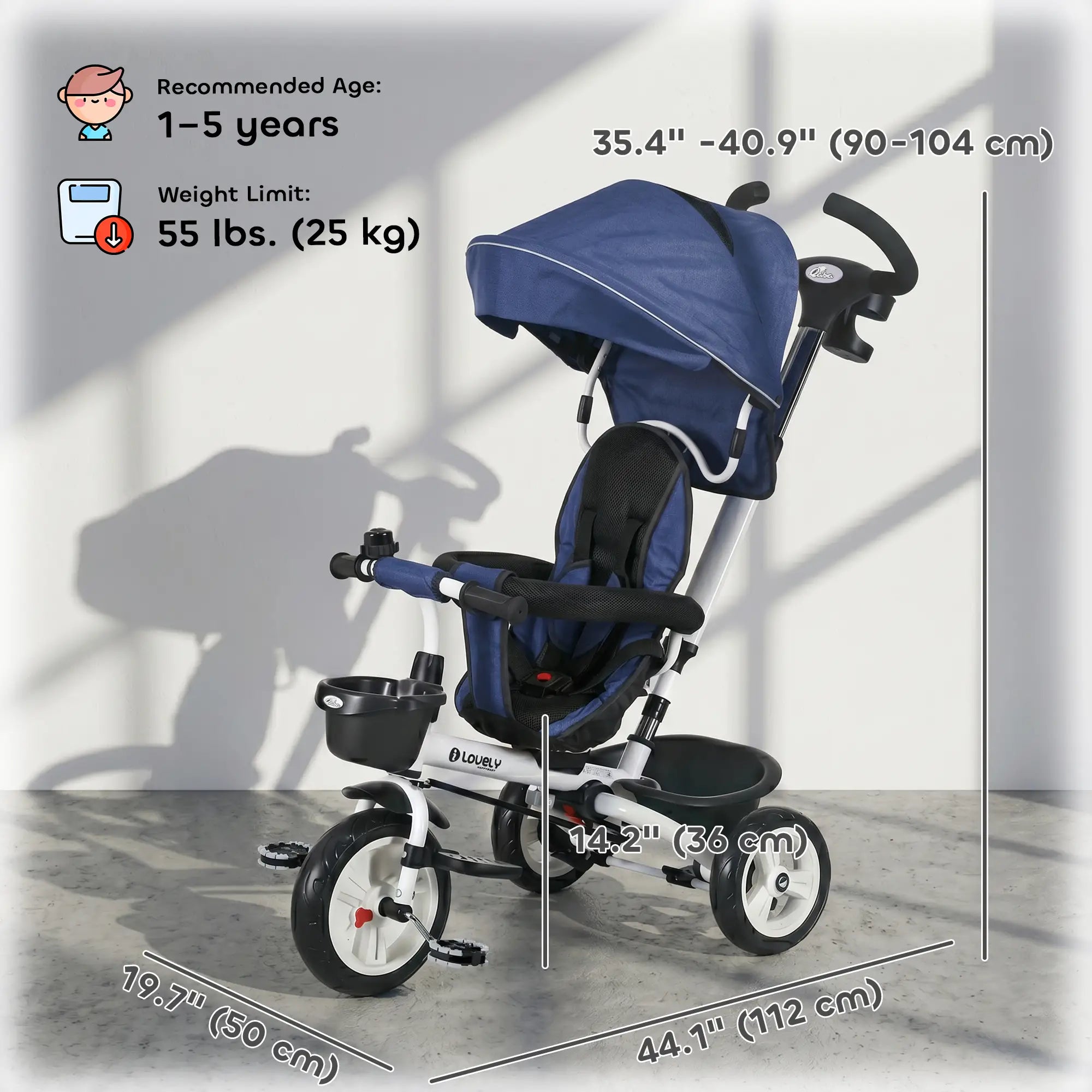 6 in 1 Toddler Tricycle, Parent Push Handle, Canopy, Storage Baskets, Dark Blue Tricycles for Kids at Gallery Canada