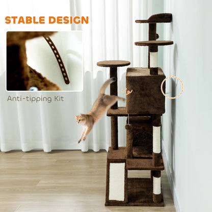 63" Cat Tree, Multi-Level Tower With Scratching Posts, Light Brown