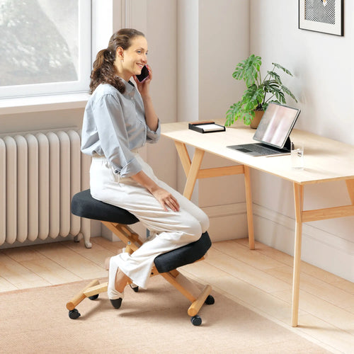 Ergonomic Kneeling Chair, Rubberwood Frame, Rolling Wheels, Black