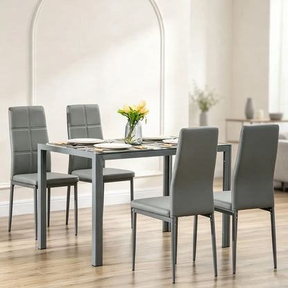 3-Piece Rectangular Glass Dining Table, Metal Frame, Faux Leather Chairs, Grey