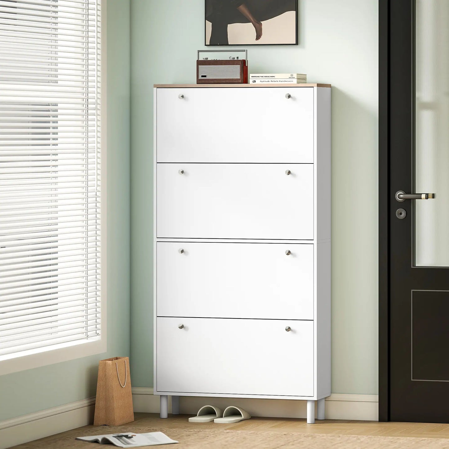 Narrow Shoe Cabinet, 4 Flip Drawers, Adjustable Shelves, Holds 24-32 Pairs, White Shoe Storage Cabinets & Racks at Gallery Canada