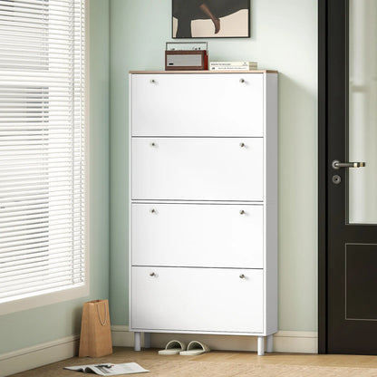 Narrow Shoe Cabinet, 4 Flip Drawers, Adjustable Shelves, Holds 24-32 Pairs, White Shoe Storage Cabinets & Racks at Gallery Canada