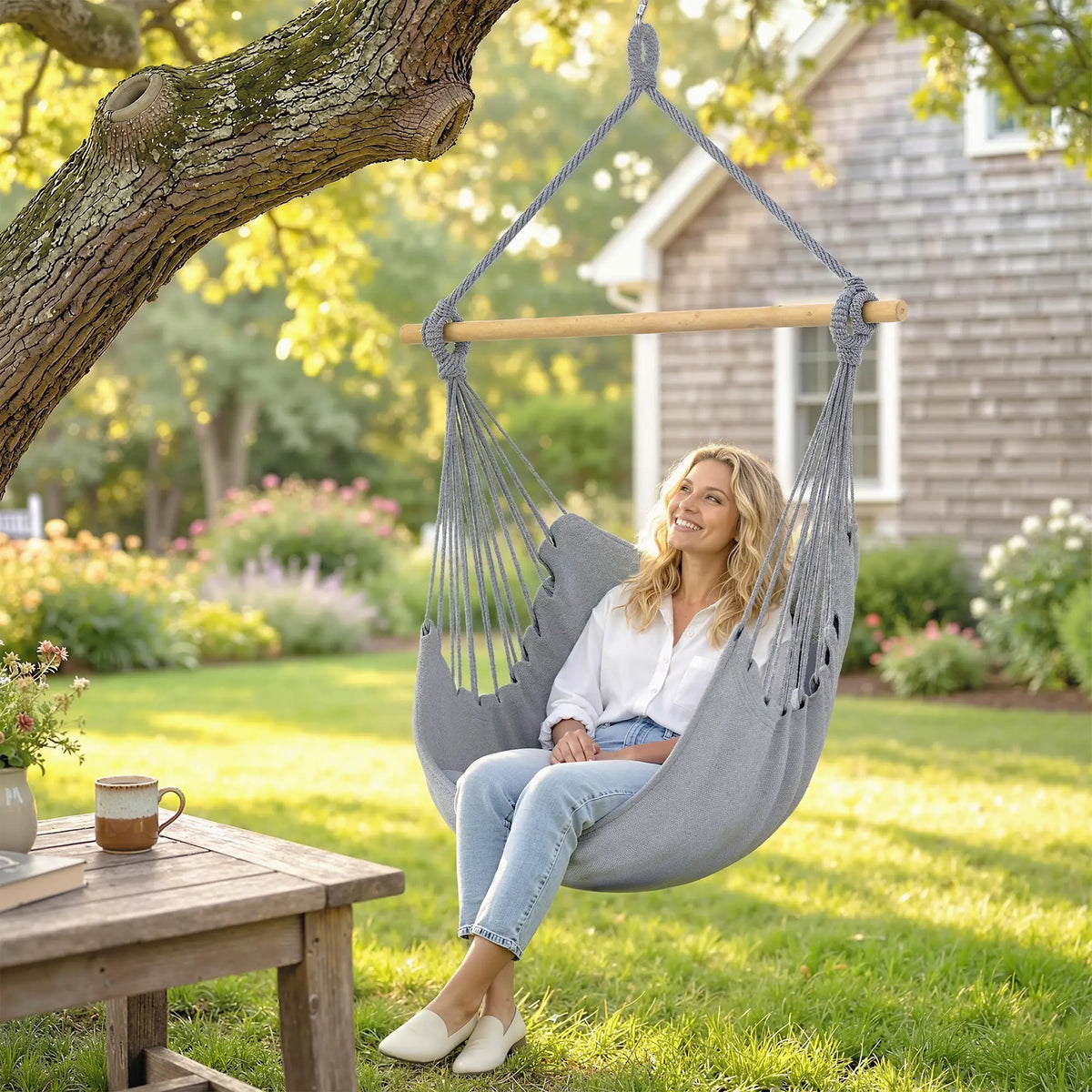 Hanging Macrame Chair With Two Seat Cushions, Grey Hanging Porch Swings at Gallery Canada