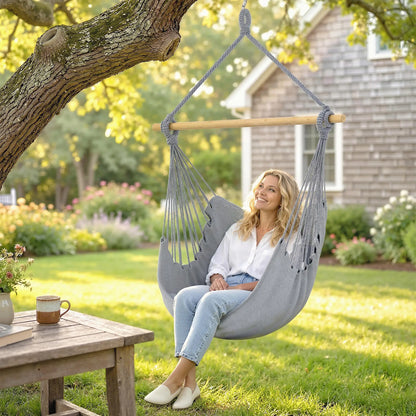 Hanging Macrame Chair With Two Seat Cushions, Grey Hanging Porch Swings at Gallery Canada