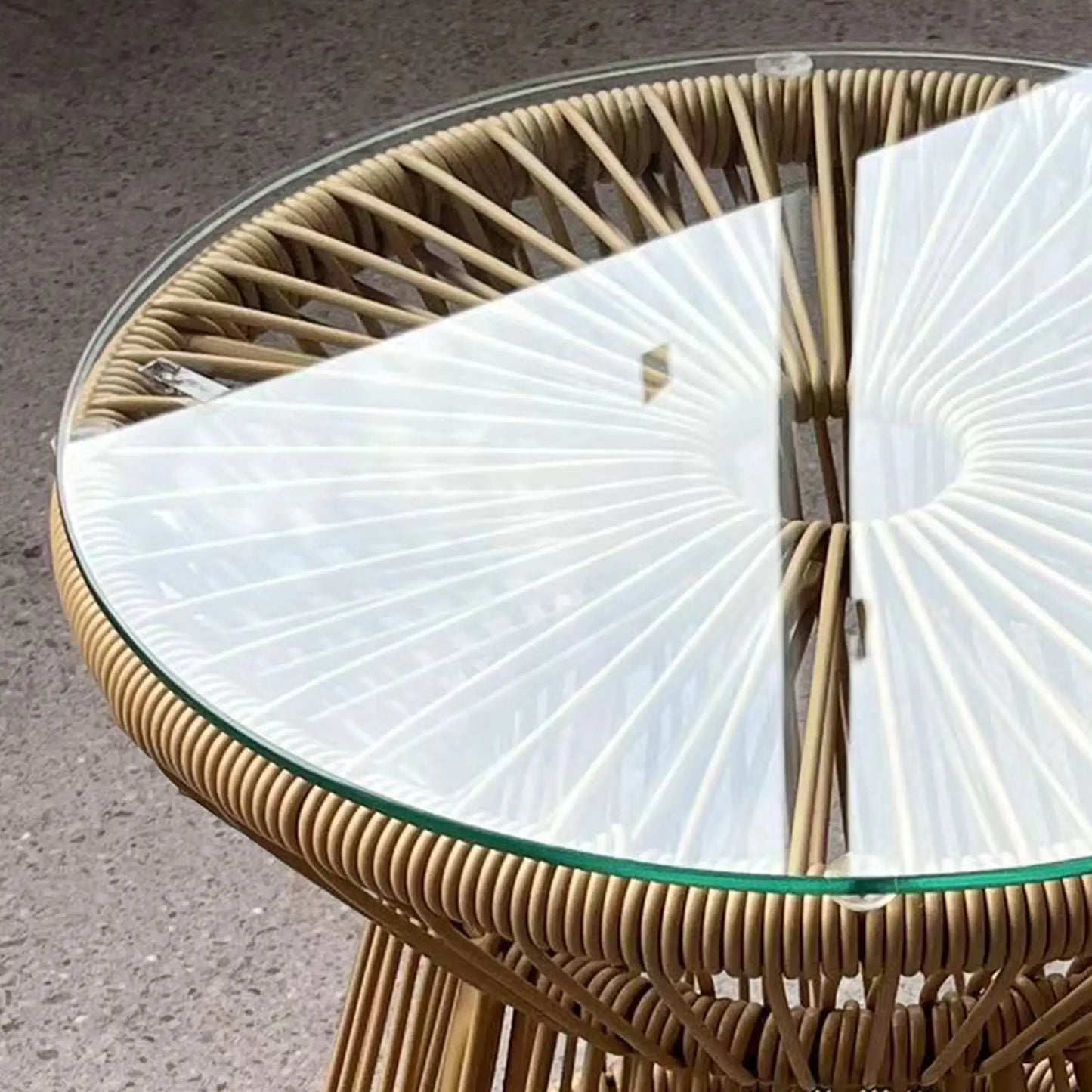 Round Rattan Side Table, Hollow Drum Design, Glass Top, Beige Patio Side Tables at Gallery Canada