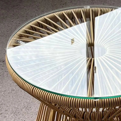 Round Rattan Side Table, Hollow Drum Design, Glass Top, Beige Patio Side Tables at Gallery Canada