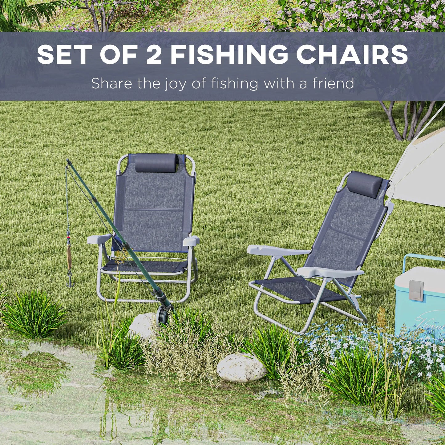 Set of 2 Fishing Chairs, Adjustable Backrest, Headrest, Folding, Dark Blue Picnic Tables & Camping Chairs at Gallery Canada