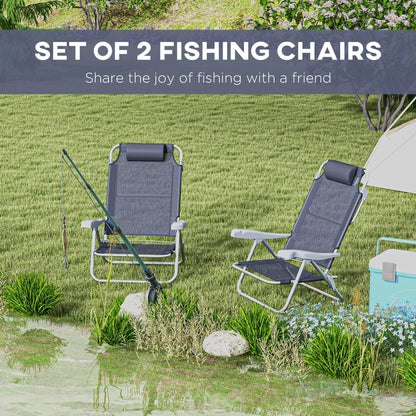 Set of 2 Fishing Chairs, Adjustable Backrest, Headrest, Folding, Dark Blue Picnic Tables & Camping Chairs at Gallery Canada
