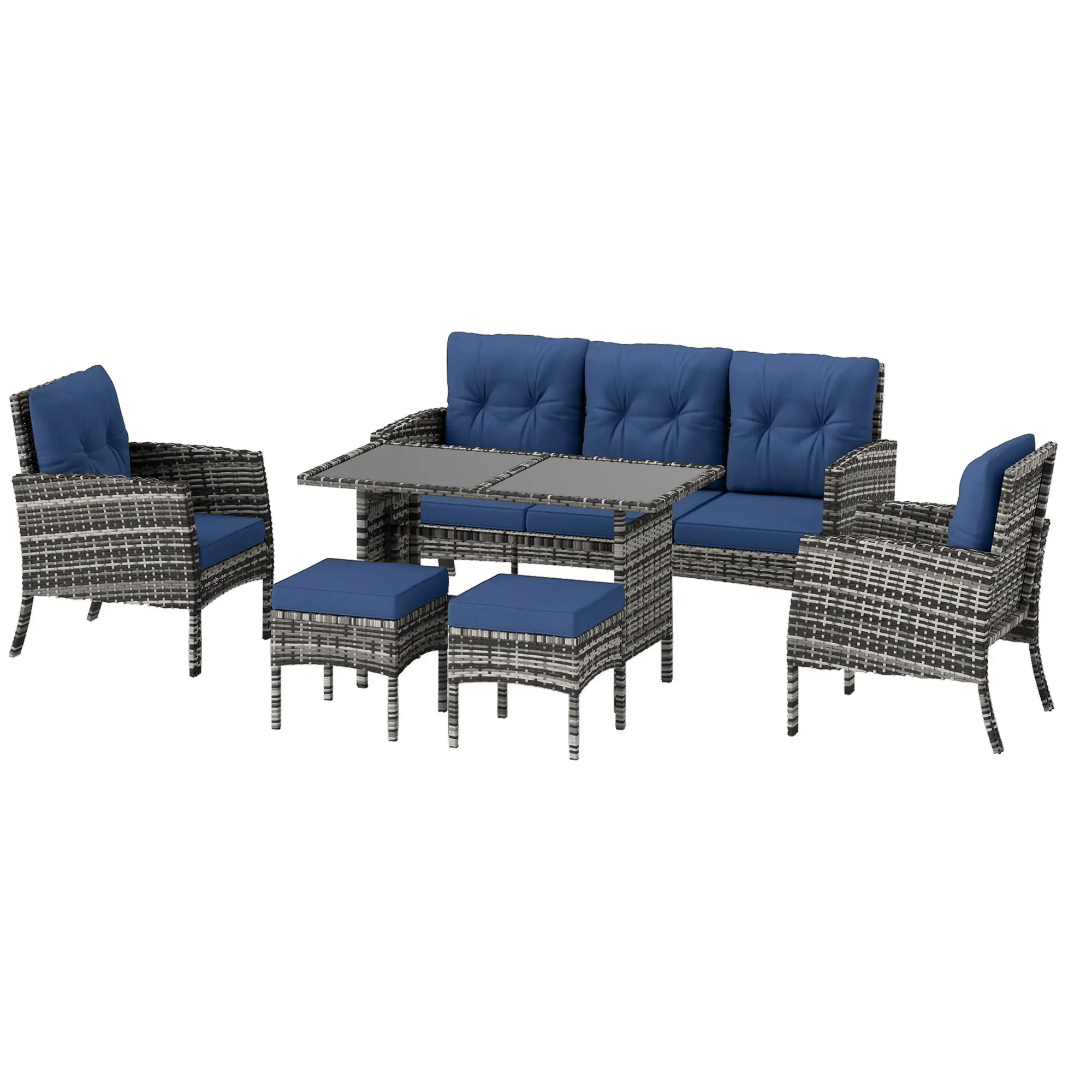 6 Piece Patio Set, Chairs, Ottomans, Sofa, Glass Table, Navy Blue Patio Furniture Sets Grey Rattan, Navy Blue Cushion at Gallery Canada