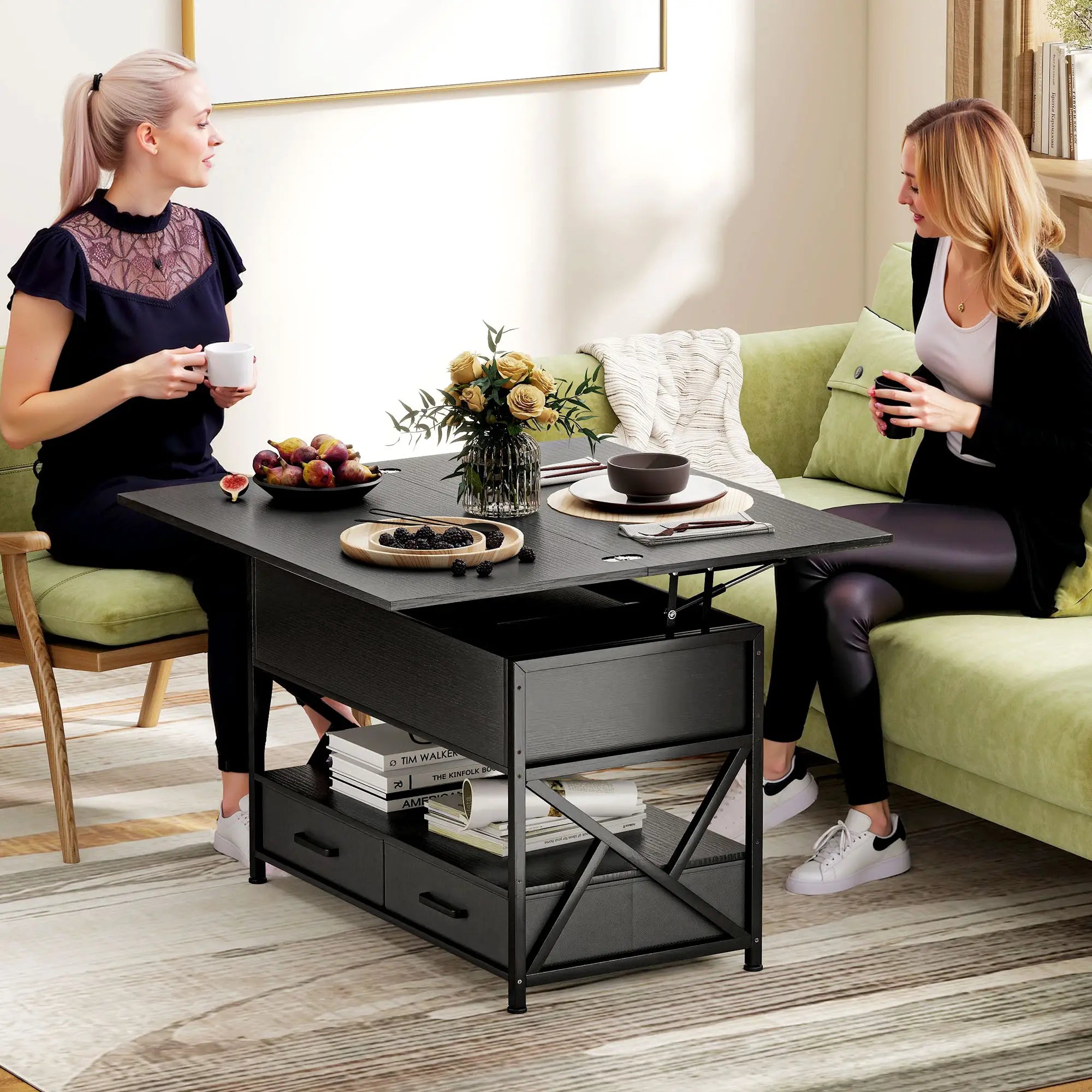 Modern Lift Top Coffee Table, Fabric Drawers, Hidden Storage, Distressed Black Coffee Tables at Gallery Canada